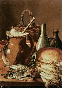 Still Life with bread, fishes and leeks